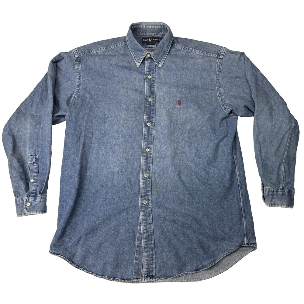 Vintage 90s Polo Ralph Lauren Blaire Button Dwn Denim Shirt Red Pony Sz Large